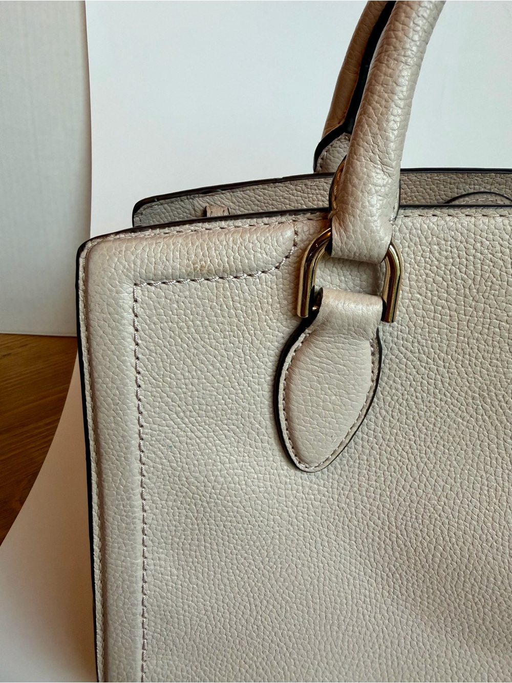 Michael Kors Mercer Pebbled Leather Satchel Handbag Blush Beige Gold Tone Purse - Picture 6 of 16
